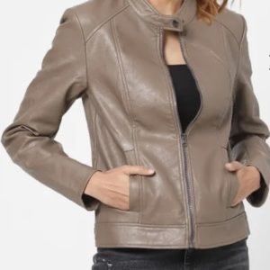 Express Vegan Leather Moto Jacket in Taupe - Size Small